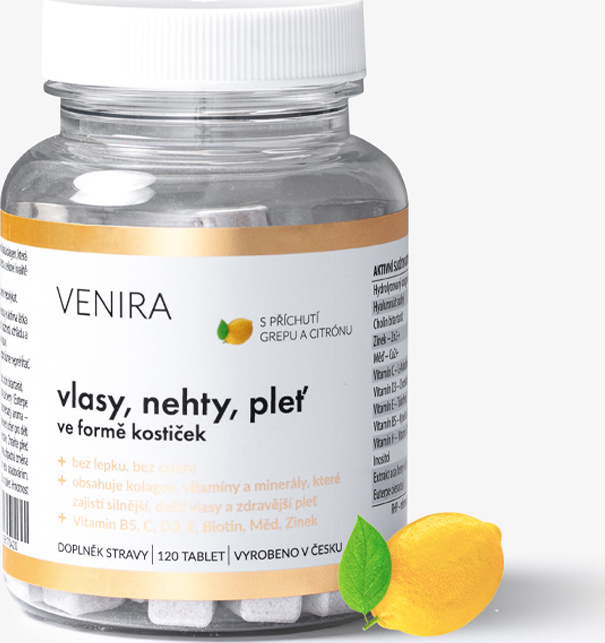 VENIRA kostičky pro vlasy, nehty a pleť, až 120 denní kúra - grep a citrón, 120 kapslí