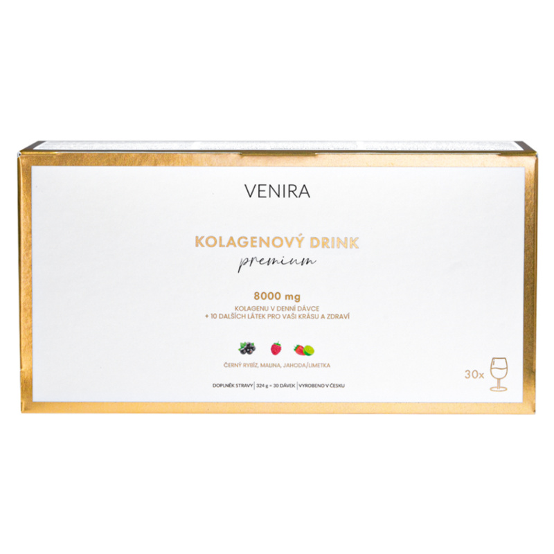 VENIRA PREMIUM kolagenový drink pro vlasy, nehty a pleť, mix příchutí (jahoda-limetka, černý rybíz, malina), 30 sáčků