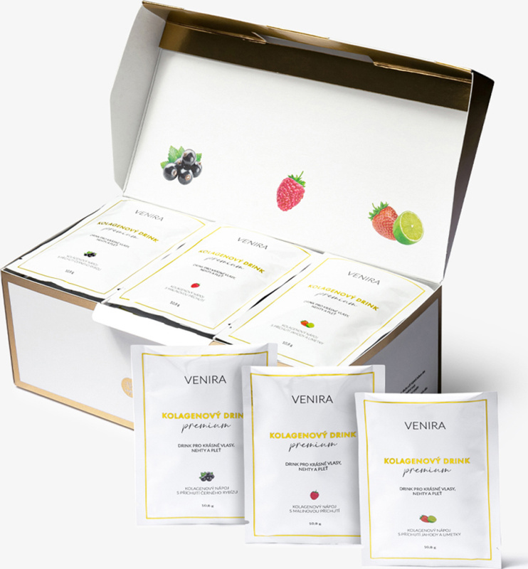 VENIRA PREMIUM kolagenový drink pro vlasy, nehty a pleť, mix příchutí (jahoda-limetka, černý rybíz, malina), 30 sáčků