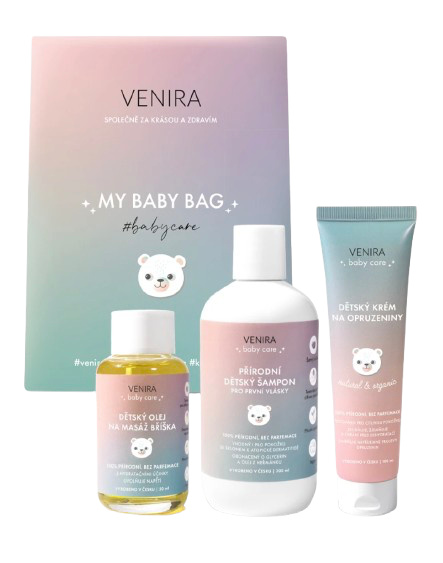 VENIRA beauty bag, dárková sada Dětský šampon pro první vlásky, dětský krém na opruzeniny, dětský olej na masáž bříška
