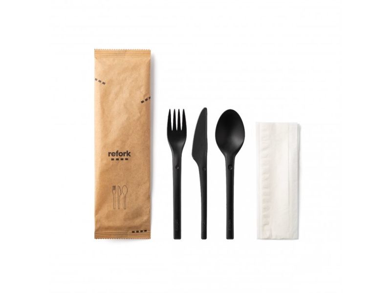 REFORK set černý (vidlička, nůž, lžíce, ubrousek) - 1ks