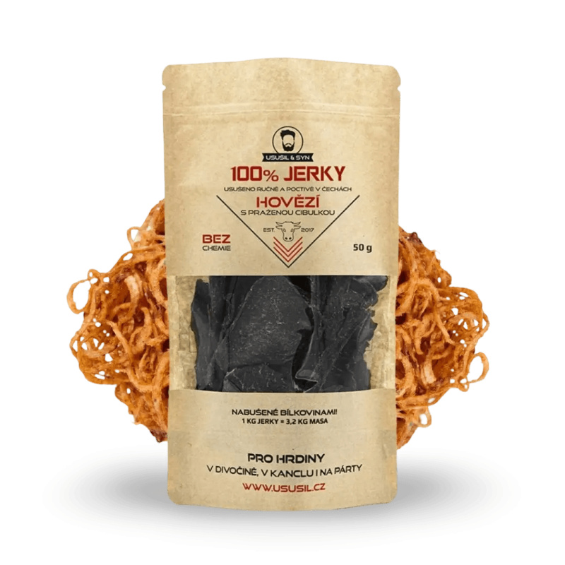 100% JERKY HOVĚZÍ S PRAŽENOU CIBULKOU 50 g