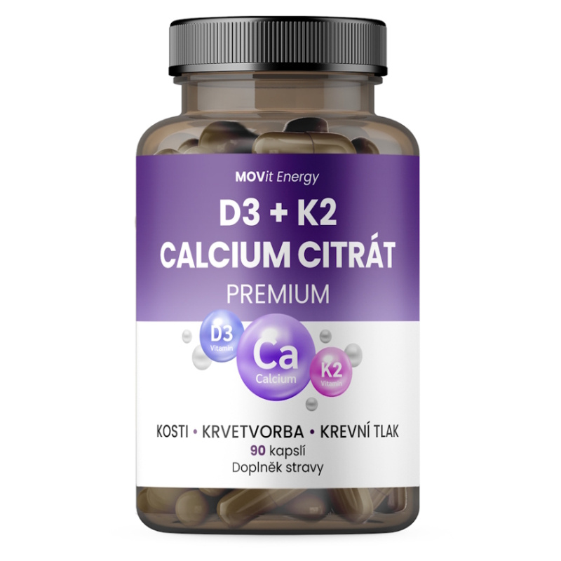 MOVIT Vitamín D3 1000 IU + K2 75 mcg + Calcium Citrát 90 kapslí