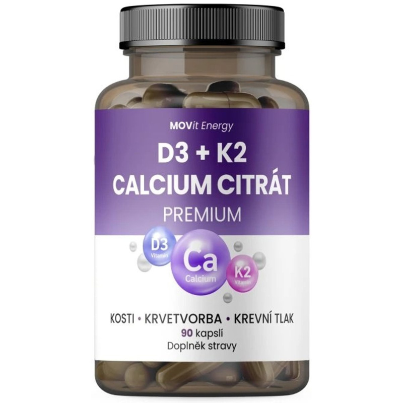 MOVIT Vitamín D3 1000 IU + K2 75 mcg + Calcium Citrát 90 kapslí