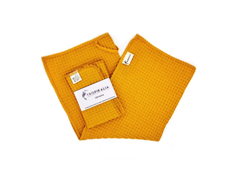 Tropikalia Kuchyňská vaflovinová utěrka s žínkou - MUSTARD