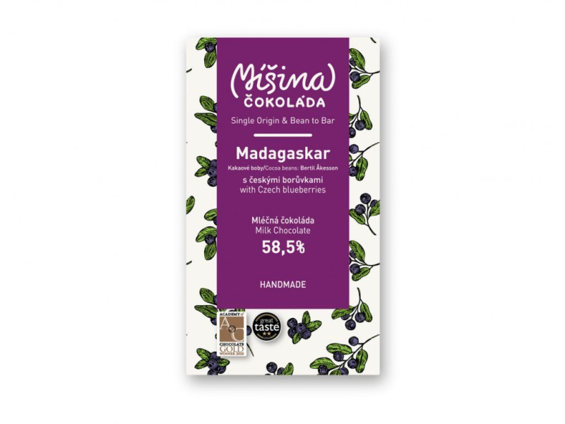 Míšina čokoláda Mléčná 58,5% Madagaskar s českými borůvkami 50g