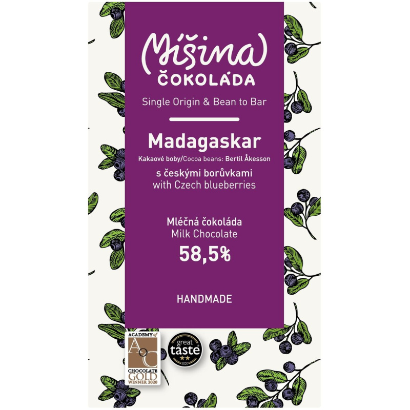 Míšina čokoláda Mléčná 58,5% Madagaskar s českými borůvkami 50g
