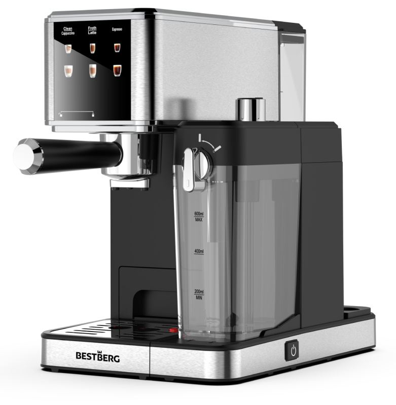 Pákový espresso kávovar s napěňovačem mléka BestBerg BBCF-2032 / 1350 W / 1,2 l / 20 bar / stříbrná/černá