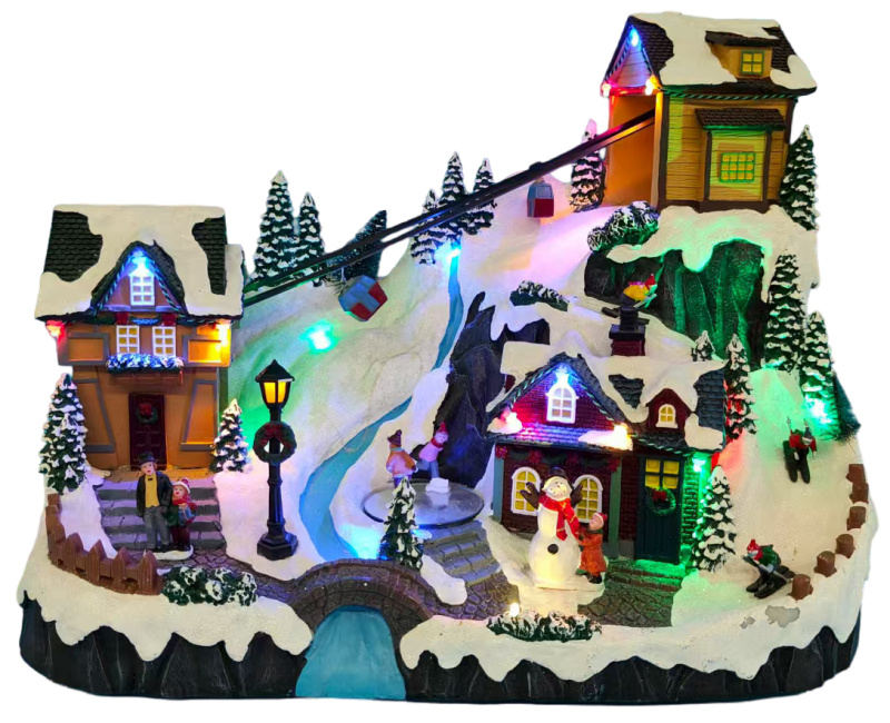 Vánoční scénka s osvětlením a melodií – lanovka BestBerg BBXS-982 / 42 x 25 x 31,5 cm / polyresin