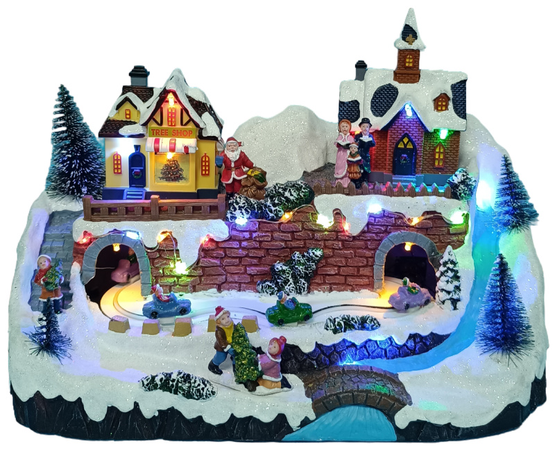 Vánoční scénka s osvětlením a melodií – vesnička BestBerg BBXS-997 / 32,9 x 19,4 x 22,3 cm / polyresin