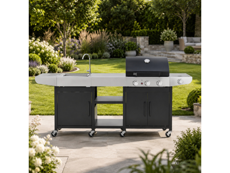 Zahradní BBQ kuchyně s umyvadlem BestBerg BBBQ-25SB / 4 hořáky / 11,5 kW / černá/stříbrná