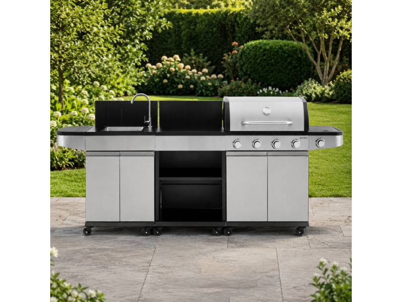 Zahradní BBQ kuchyně s umyvadlem BestBerg BBBQ-26SB / 5 hořáků / 14,5 kW / stříbrná/černá