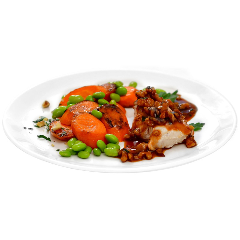 Glazovaná kuřecí prsa s bbq omáčkou s ořechy, karamelizovaná karotka a fazolky edamame (set k přípravě hotového jídla)