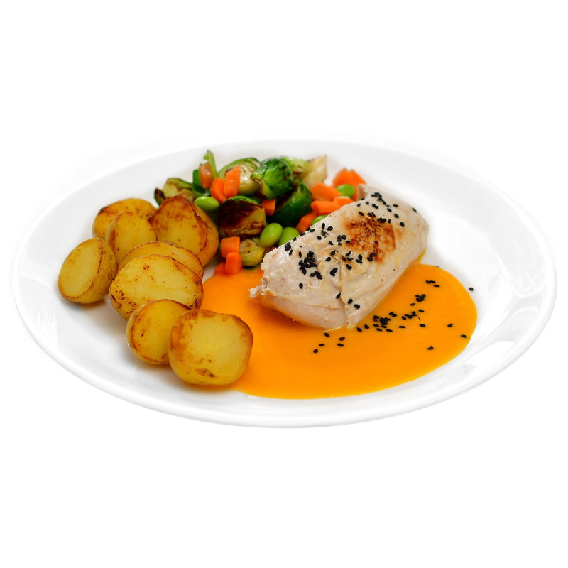 Kuřecí steak, dýňová omáčka s kokosovým mlékem, mini brambory a opečená zelenina (set k přípravě hotového jídla)
