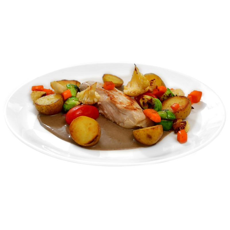 Kuřecí steak s hříbkovou omáčkou, mini brambory a opečená zelenina (set k přípravě hotového jídla)
