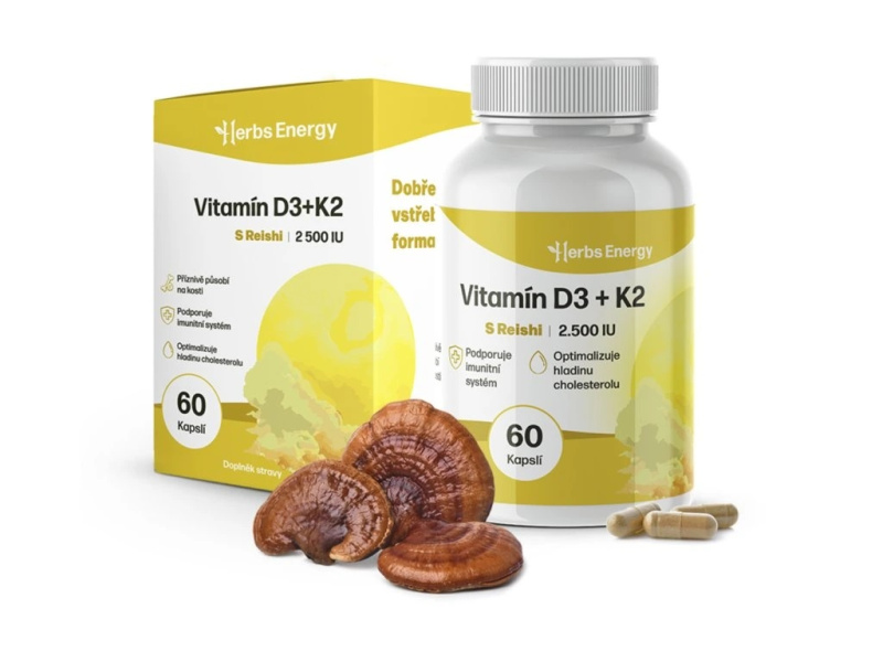 Herbs Energy Vitamín D3 + K2 s Reishi (2 500 IU), 60 kapslí