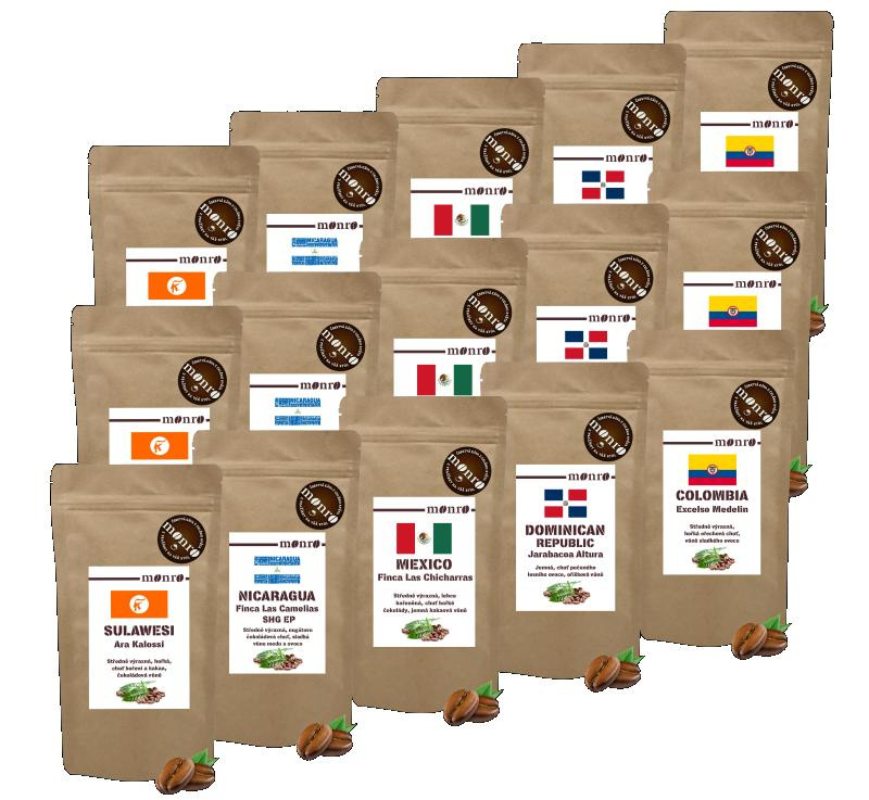Káva Monro Degustační sada káv 100% Arabik 15ks po 100g