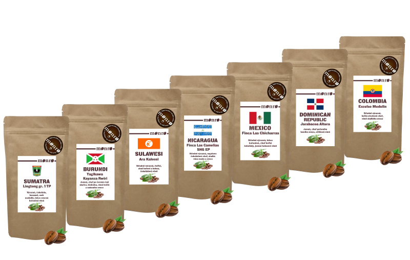 Káva Monro Degustační sada různých káv 100% výběrových Arabik 7ks po 250g