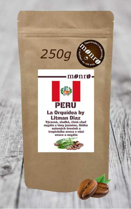 Káva Monro Peruánská káva La Orquídea by Litman Diaz Campos Organic zrnková káva 100% Arabika 250g