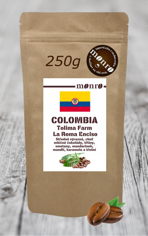 Káva Monro Colombia Tolima Gaitania Farm La Roma Emmanuel Enciso zrnková káva 100% Arabika 250g