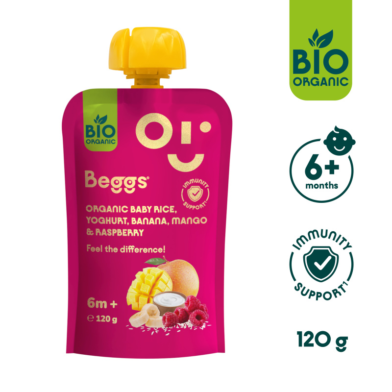 BEGGS Dětská rýže s jogurtem banánem mangem a malinami 6m+ BIO 120 g