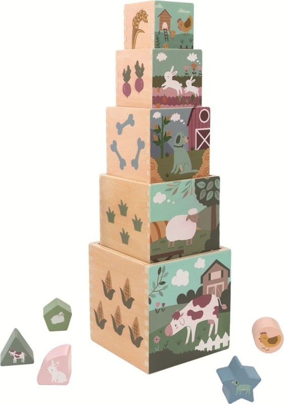 Skládací dřevěná věž s kostkami Farma 2Kids Toys