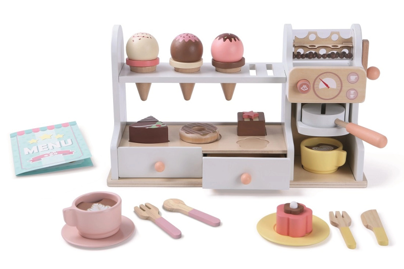 Dřevěná cukrárna a kavárna 2 v 1 – 46dílná sada pro dětskou hru na prodavače a baristu
