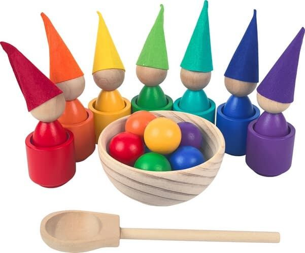 Duhové panenky s míčky – montessori dřevěná hračka 7 barev