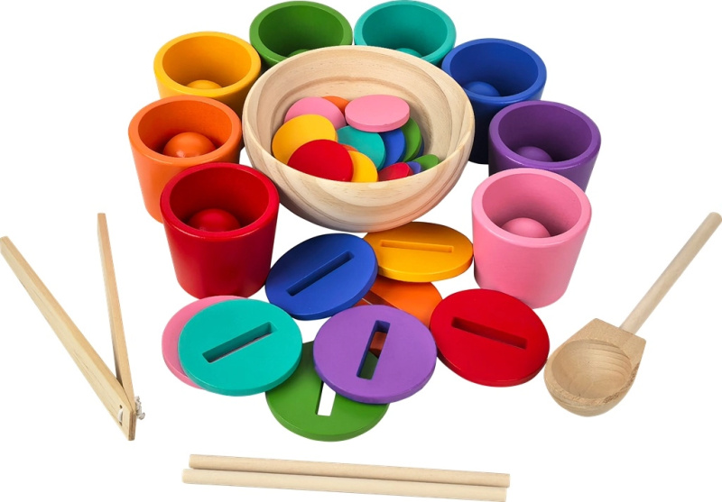 Duhové kuličky, mince a kalíšky – montessori dřevěná sada 8 barev
