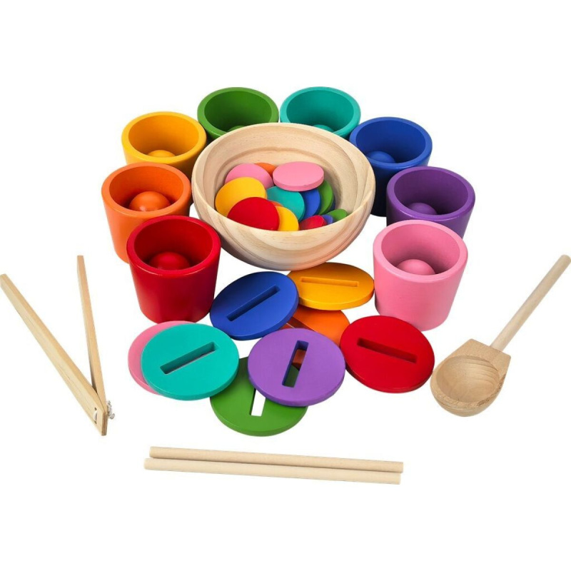 Duhové kuličky, mince a kalíšky – montessori dřevěná sada 8 barev