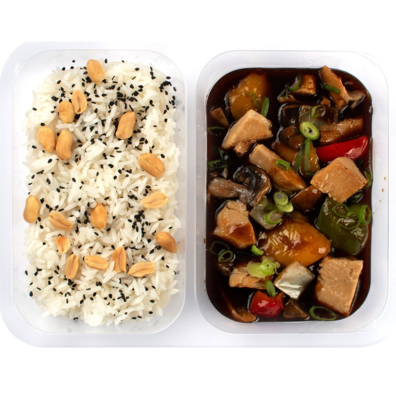Cibule Bistro #rostlinně Kung Pao, jasmínová rýže, arašídy, sezam