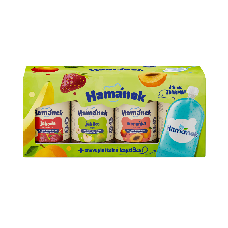 HAMÁNEK Ovocné příkrmy multipack + DÁREK Znovuplnitelná kapsička