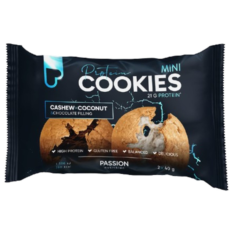 Passion Nutrition Plněné proteinové pečené cookies s kešu a kokosem s bílou a tmavou čokoládovou náplní