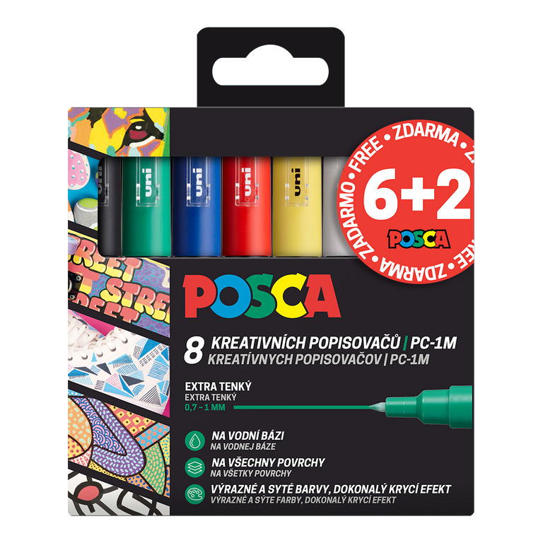 Sada popisovačů POSCA PC-1M, 0,7 - 1 mm, mix barev (8 ks) - AKCE - 6+2