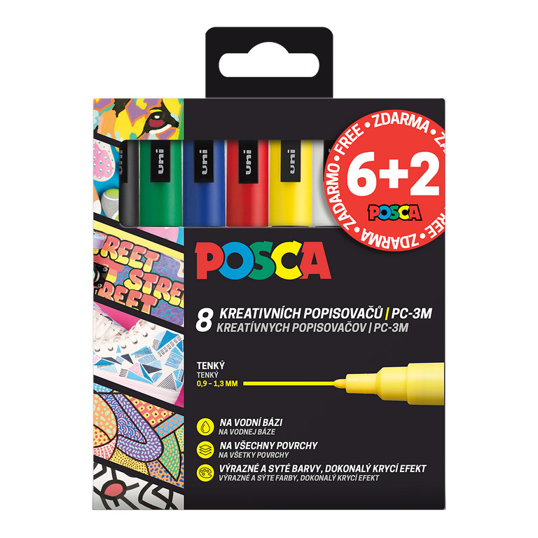 Sada popisovačů POSCA PC-3M, 0,9 - 1,3 mm, mix barev (8 ks) - AKCE - 6+2