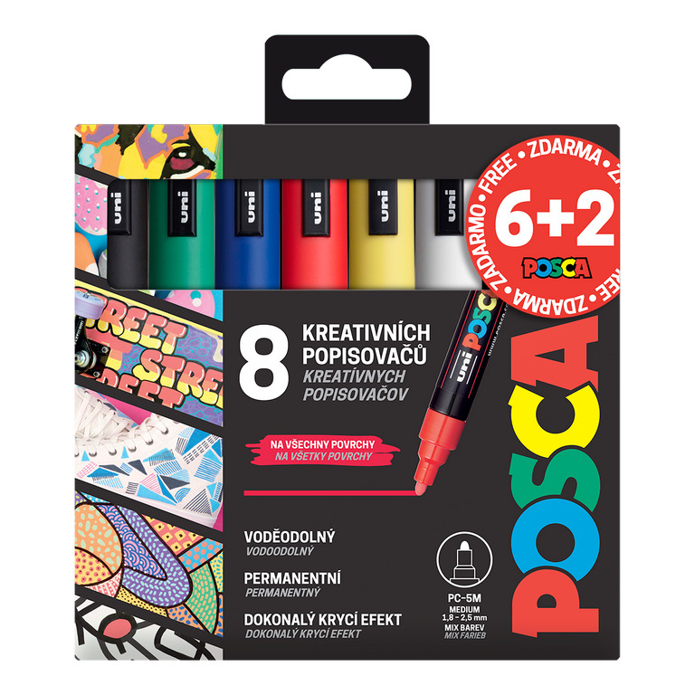 Sada popisovačů POSCA PC-5M, 1,8 - 2,5 mm, mix barev (8 ks) - AKCE - 6+2