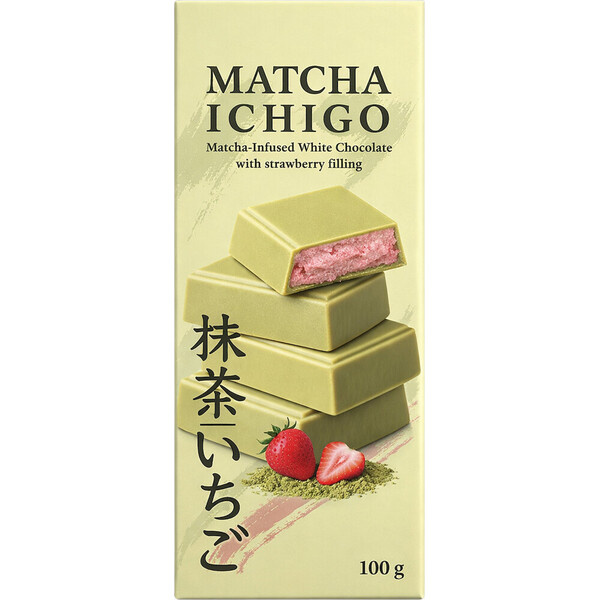 Bílá čokoláda Matcha Ichigo s jahodovou náplní 100 g Žlutá