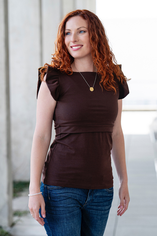 Krásná mamka Kojicí tričko volánky BAVLNA dark chocolate Velikost: M