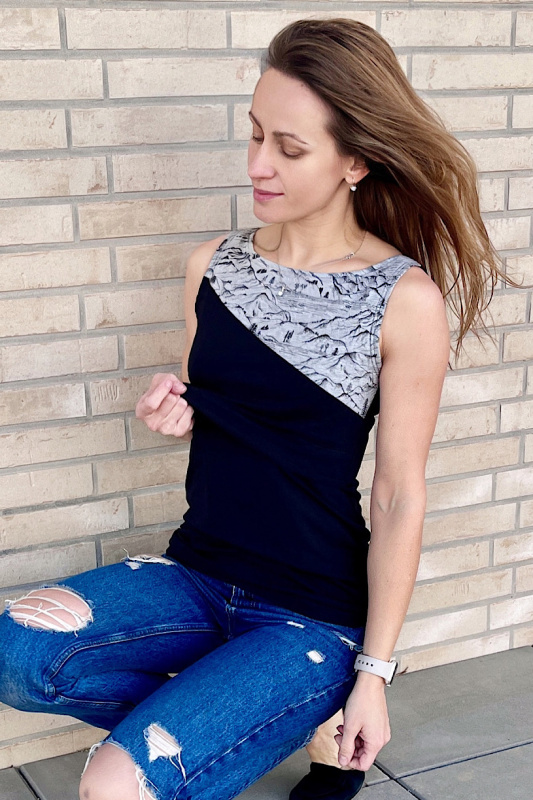 Krásná mamka Kojicí tričko Mountains BLACK bez rukávů Velikost: M