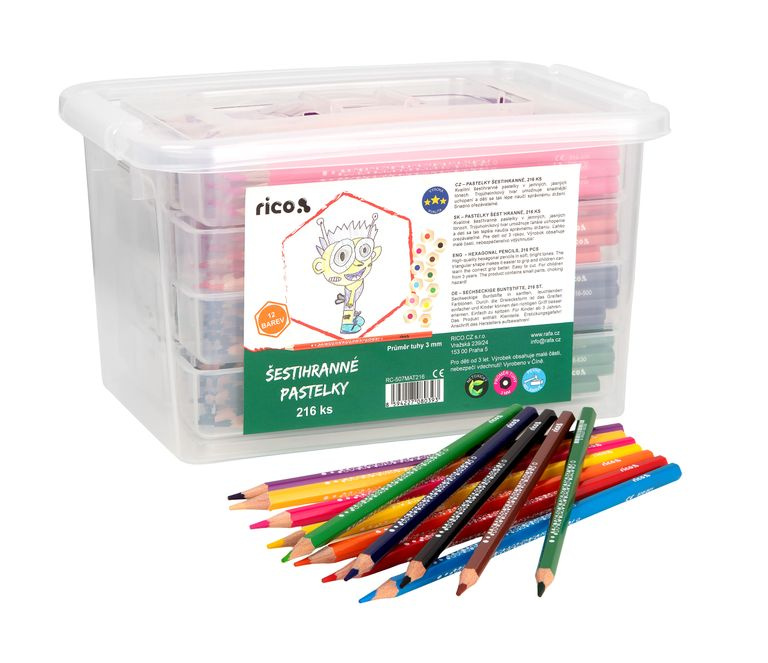 Pastelky RICO šestihranné, tuha průměr 3 mm, 216 ks (18 x 12 barev), PP box