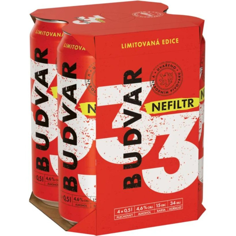Budvar 33 Světlý ležák nefiltr 4×0,5 l plech