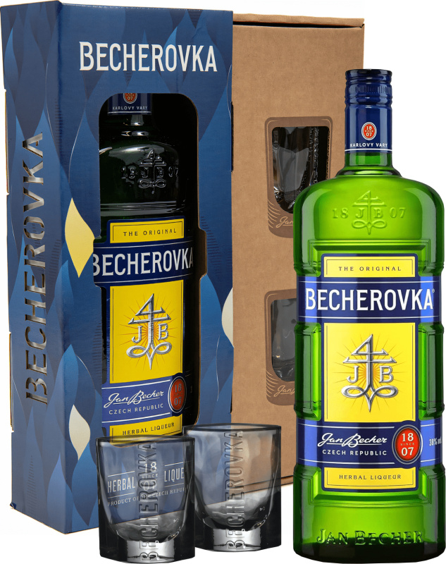Becherovka + 2 sklenice 38% 0,7l (darčekové balenie 2 poháre)