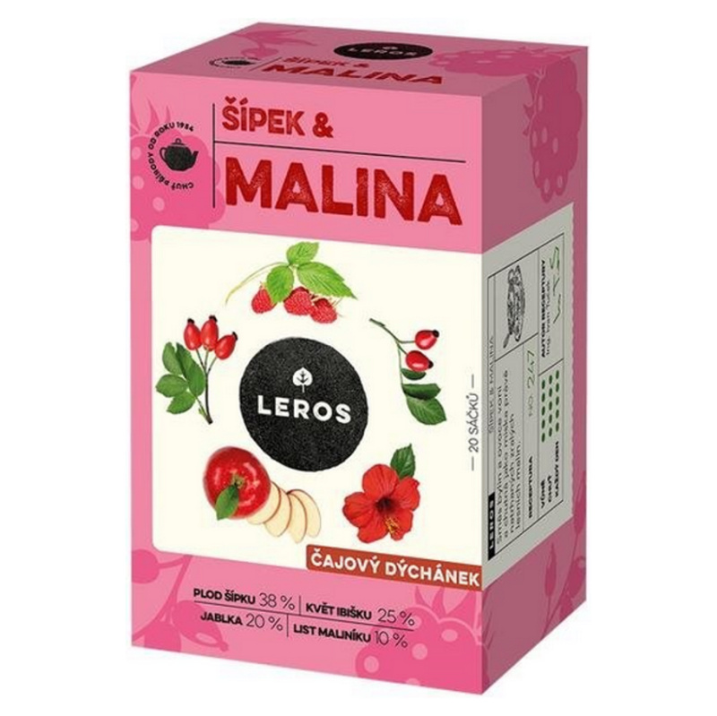 Bylinný čaj Leros - Čajový dýchánek, šípek a malina, 20 x 2 g