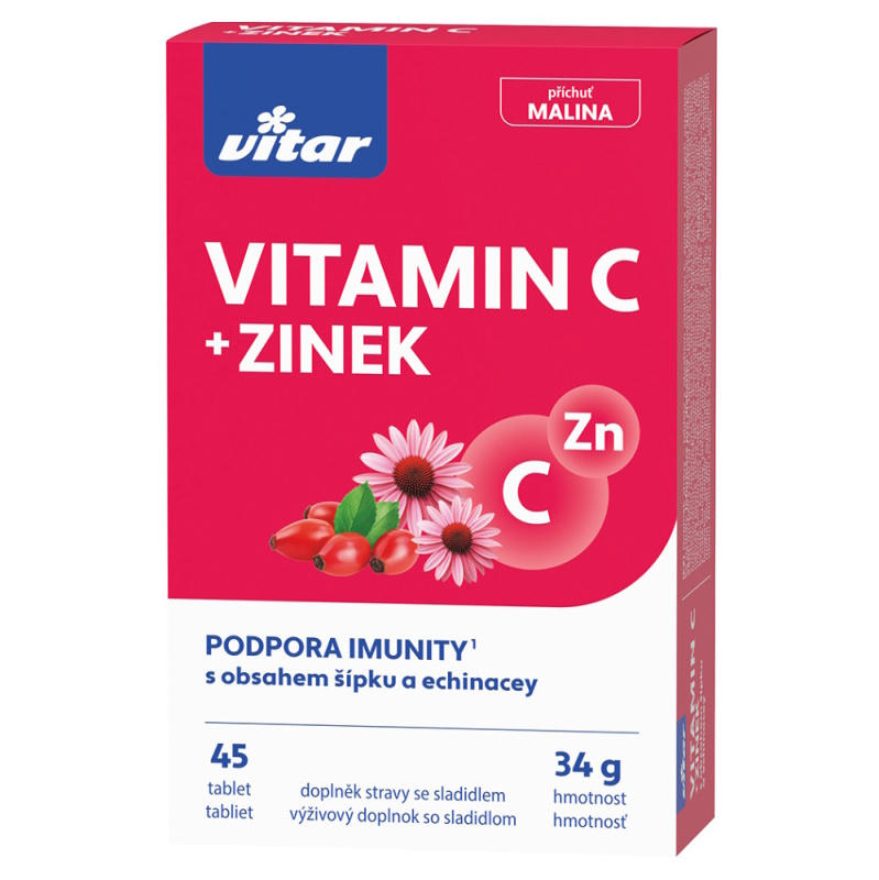 Vitamíny Vitar - vitamín C + zinek, příchuť malinová, 45 tablet