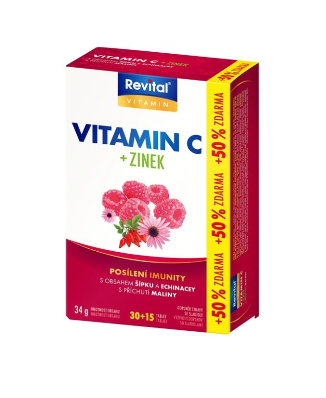 Vitamíny Vitar - vitamín C + zinek, příchuť malinová, 45 tablet