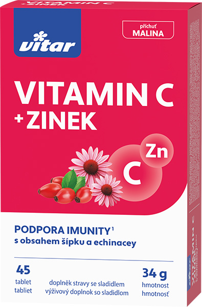 Vitamíny Vitar - vitamín C + zinek, příchuť malinová, 45 tablet