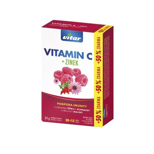 Vitamíny Vitar - vitamín C + zinek, příchuť malinová, 45 tablet