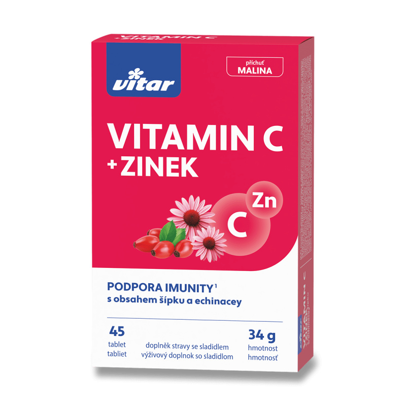 Vitamíny Vitar - vitamín C + zinek, příchuť malinová, 45 tablet