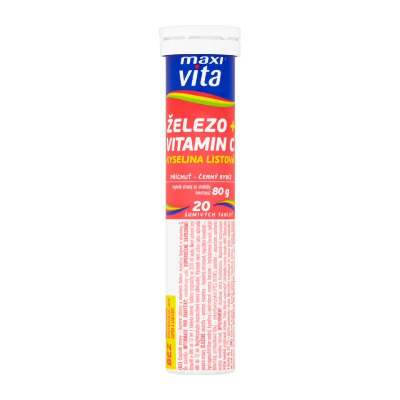 Maxi Vita Šumivé tablety železo + vitamín C + kyselina listová příchuť černý rybíz, doplněk stravy 20 ks
