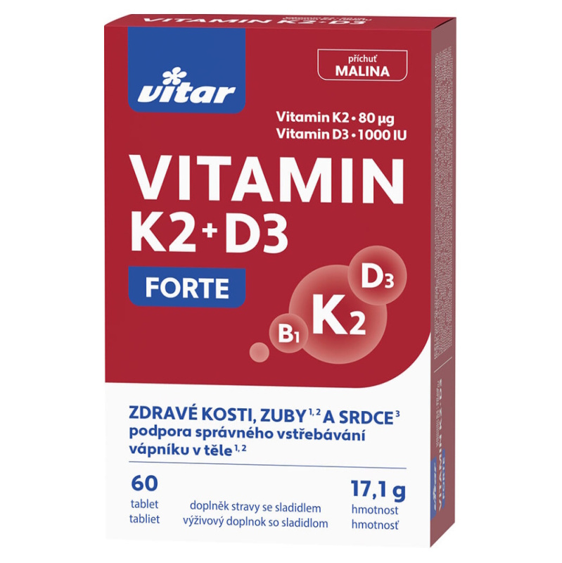Vitamíny Vitar - K2 + D3 Forte, příchuť malinová, 60 tablet